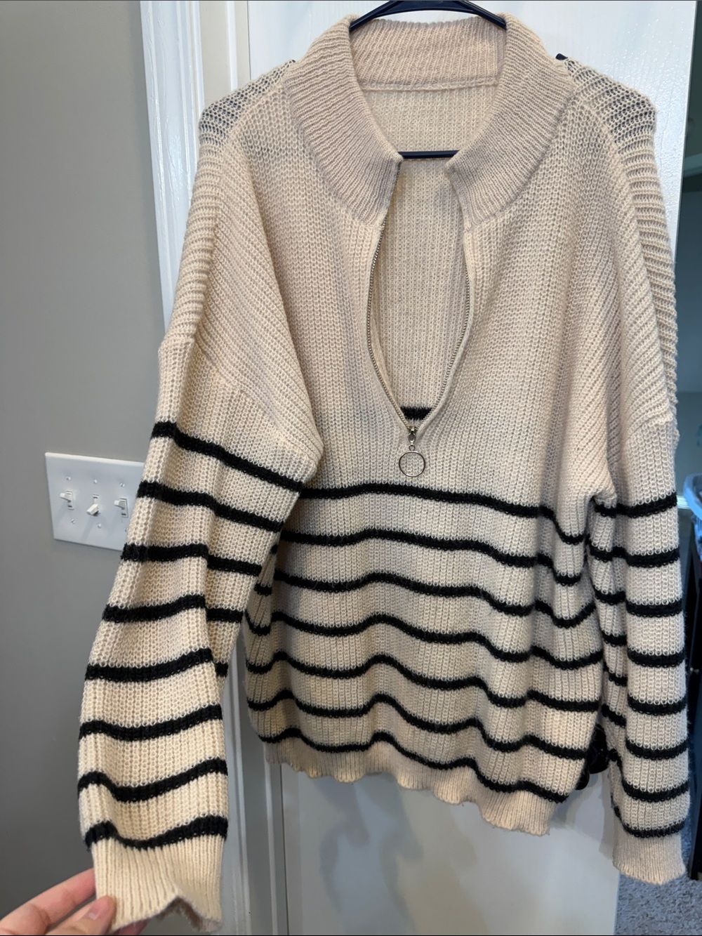 Striped Half-Zip Cream and Black Knit Sweater